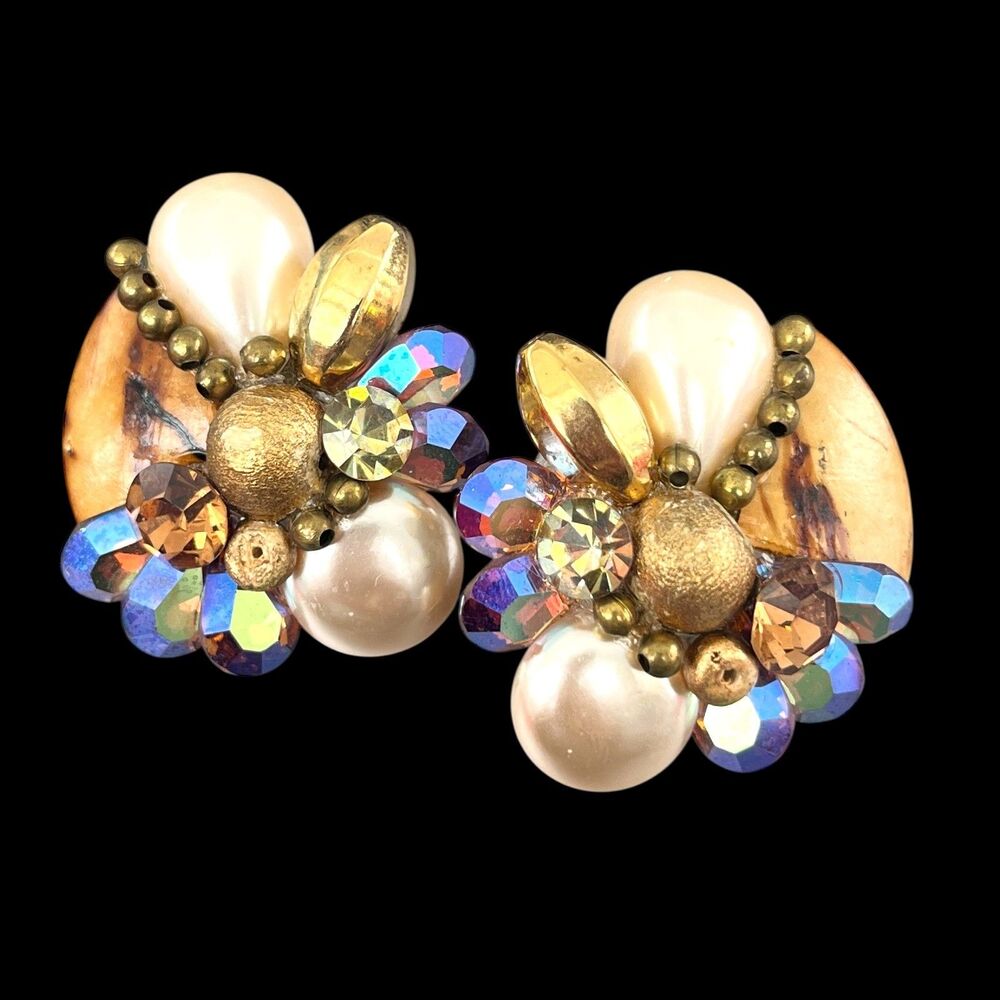 Vintage 1980s Statement Earrings Beaded Crystal Pearl Cluster Gold Tone - 3U